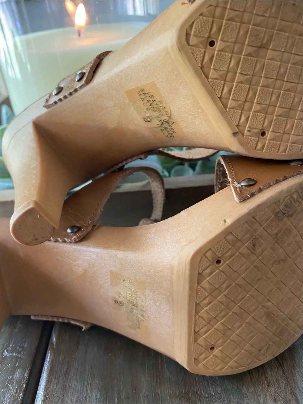 Vintage Candie’s Throwback Leather Studded Platform Heeled Sandals Womens 9 Tan